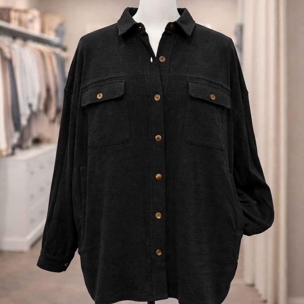 White Birch Oversized Shacket XL Black Button Front Pocket Soft Knit NWOT